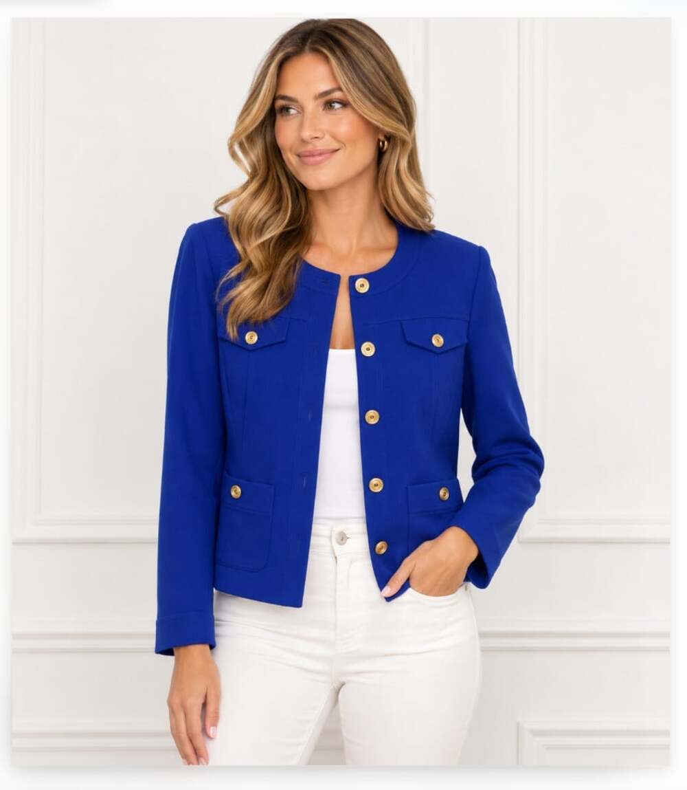 St. John Blazer Jacket Womens 12 Blue Knit Collarless Button Pockets Short
